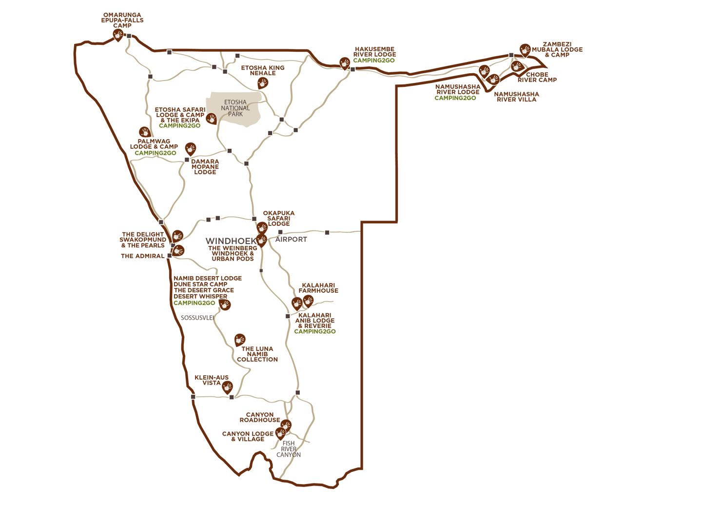 Map of Gondwana lodges, hotels and camps across Namibia
