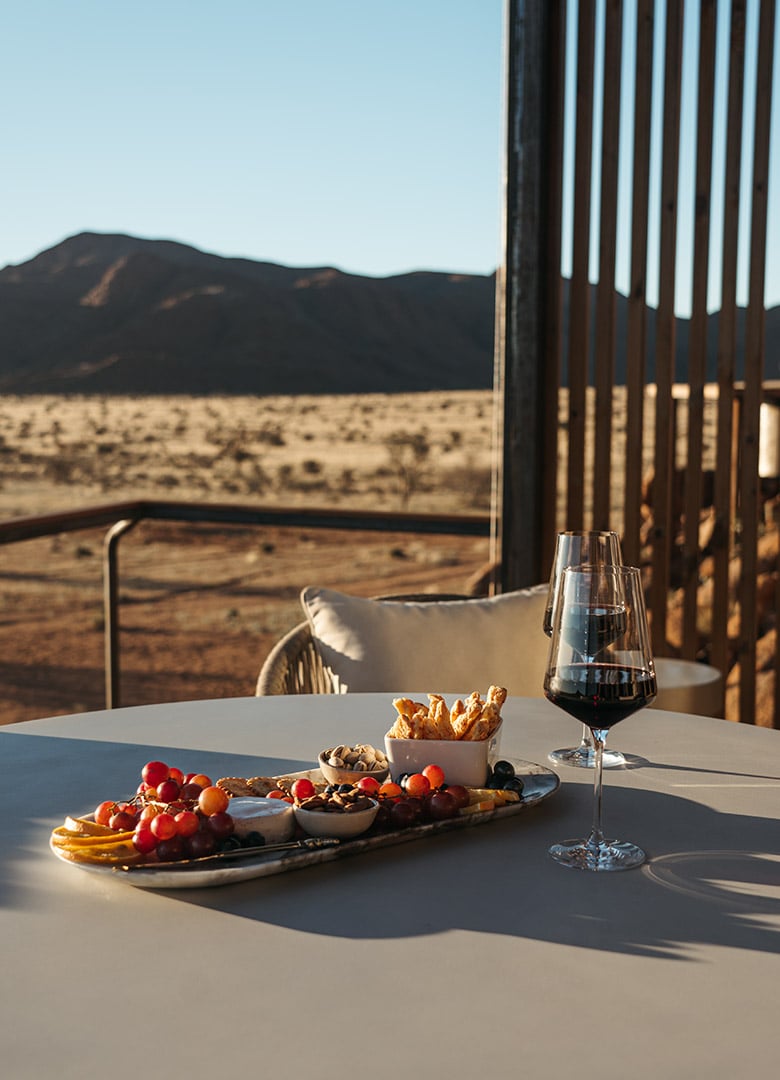 Luna Namib Collection private luxury villa delicious snack on veranda with view of the Namib Desert, Namibia