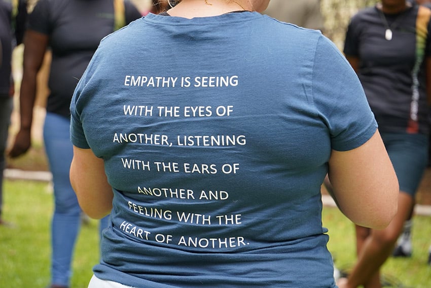 blue t-shirt with empathy print 