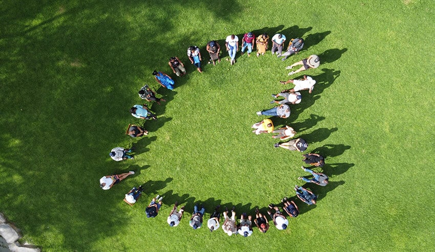 Green lawn, poeple form heart, eagles view web