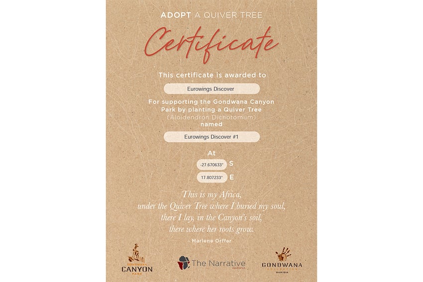 Köcherbaum Adoption Fischfluss Canyon Urkunde Marlene Orffer Gondwana Collection Eurowings Discover Namibia NamibiaFocus