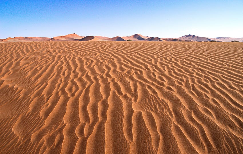 Der Blick vom Deadvlei Richtung Sossusvlei zeigt die typische Dünenformation mit „Big Daddy“ in der Mitte. Durch meine tiefe Position, ein Stück abseits der Hauptwege, konnte ich den großen Parkplatz und störende Fußspuren auf dem Bild vermeiden.