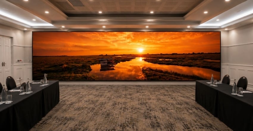Floor-to-ceiling LED wall in the main conference area at The Weinberg Windhoek, Namibia
