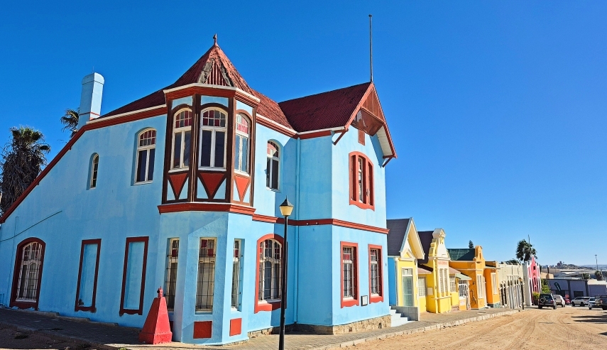 German colonial architecture, colourful Art Nouveau buildings in  Lüderitz, Namibia 