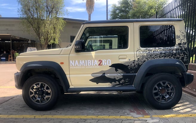 A Namibia2Go Suzuki Jimny rantal car with coastal motif