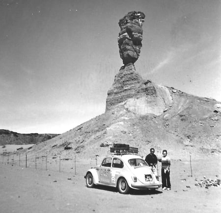 two men and a Volkswagen in front of Mukorob, Namibia, 1971