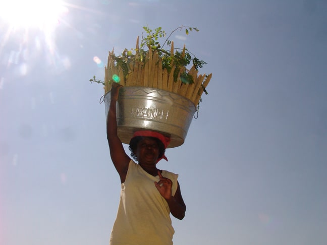 AFrican woeman, carrying a bucket with nahangu on her head
