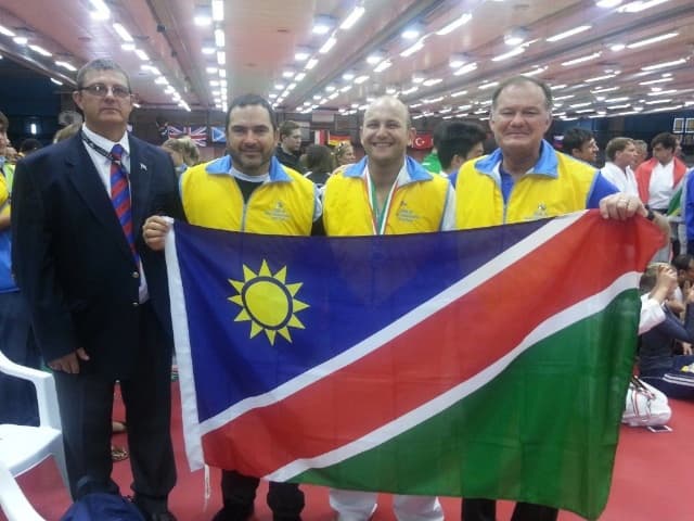 Sensei Willem Burger (right) with some of the other Namibian karatekas who attended the JSKA World Karate Championships in Italy