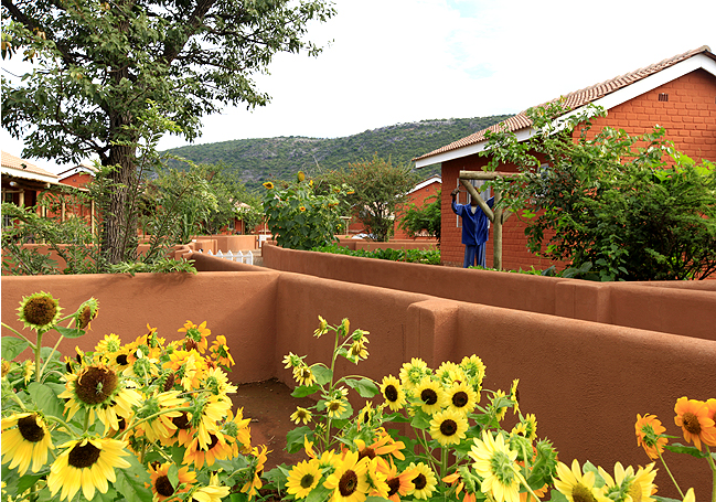 Bungalows and gardens at Damara Mopane Lodge