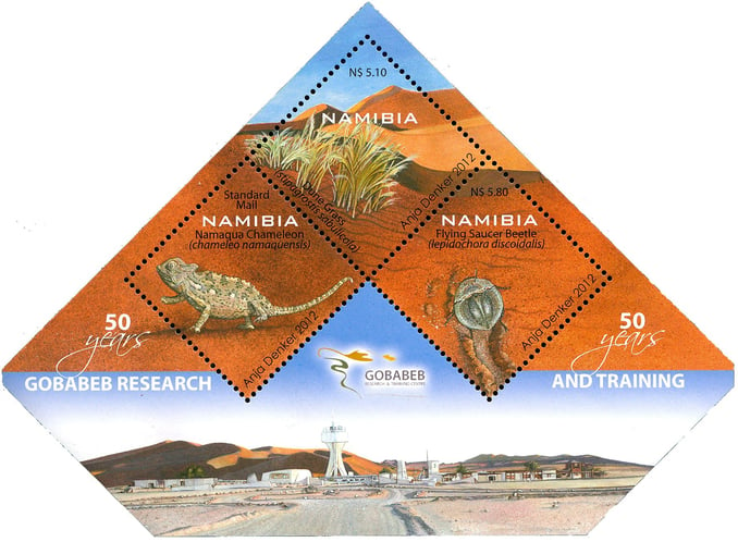 Gobabeb has more than earned the sheet of three stamps that NamPost issued in 2012 on the occasion its 50-year jubilee. Source: Nampost, artist: Anja Denker