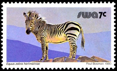 Equus zebra hartmannae (7 Cent), issued in 1980, artist: Paul Bosman