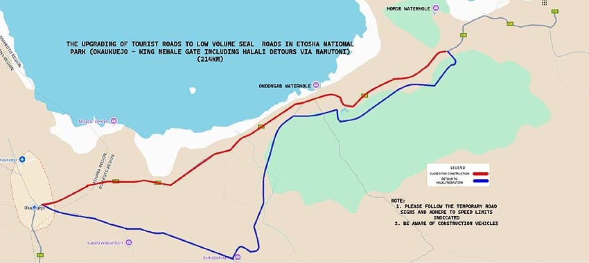 Erweiterte Umleitung blau 1 Februar 2026 auf Strecke zwischen Rastlagern Okaukuejo und Halali Etosha Nationalpark Norden Namibias gesperrte Abschnitt Hauptstraße rot markiert Karte Ministry of Environment Forestry Tourism MEFT