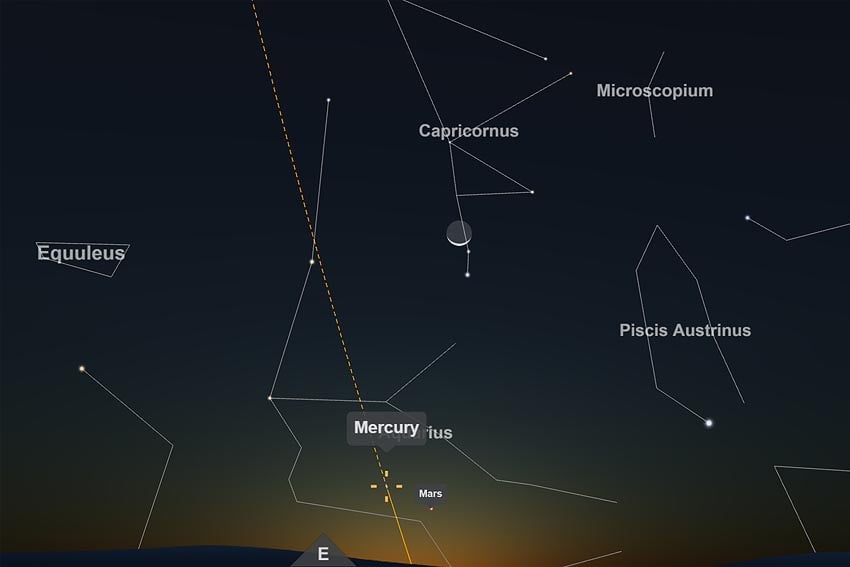 Merkur neben Mars Sternbild Wassermann engl. Aquarius darüber dünne Sichel zunehmenden Mondes Sternbild Steinbock engl. Capricorn Morgenhimmel 16. März 2026 6.15 Uhr von Windhoek aus gesehen mit Blick nach Osten Grafik Screenshot Interaktive Sternenkarte TimeAndDate.com
