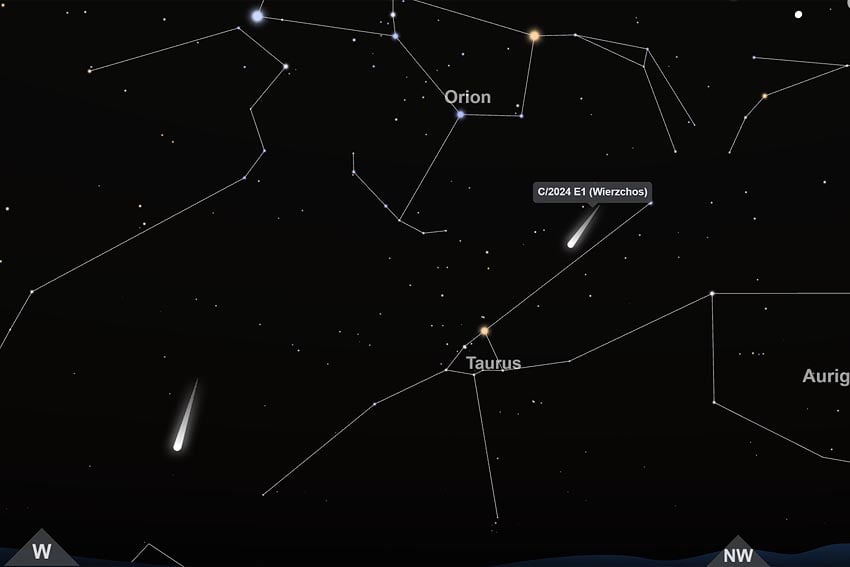 Kometen C/2026 A1 MAPS und C/2024 E1 Wierzchos nahe markanten Sternbildern Stier Taurus und Orion Darstellung des Sternenhimmels über Windhoek am 15. April 2026 um 20.00 Uhr mit Blick nach Westnordwest Grafik Screenshot von TimeAndDate.com