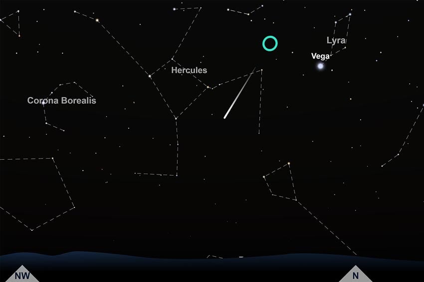 Radiant Lyriden Bereich aus dem Sternschnuppen kommen liegt nahe Sternbild Leier Lyra Mit hellen Stern Vega leicht zu finden Darstellung des Sternenhimmels über Windhoek am 23. April 2026 um 5.30 Uhr mit Blick nach Norden Grafik Screenshot von TimeAndDate.com