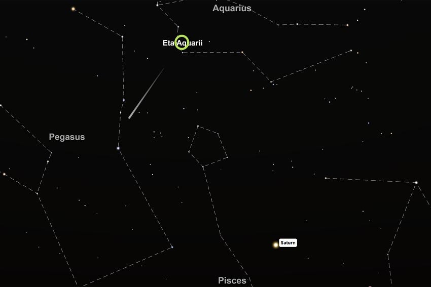 Zentrum Eta-Aquariden-Sternschnuppen hoch über Saturn Morgenhimmel 6. Mai 2026 5.30 Uhr Windhoek Blick Ost-Nord-Ost Screenshot Interaktive Sternenkarte TimeAndDate.com