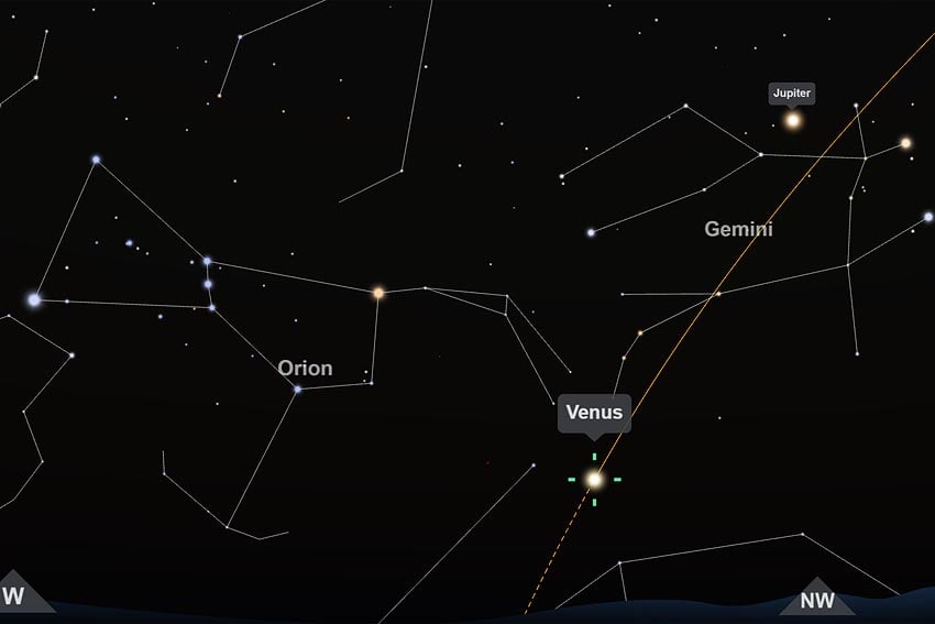 Planeten Venus Jupiter Sternbilder Zwillinge Gemini Orion Abendhimmel 15. Mai 2026 um 19.30 Uhr, von Windhoek aus gesehen, mit Blick nach West-Nord-West Screenshot Interaktive Sternenkarte TimeAndDate.com