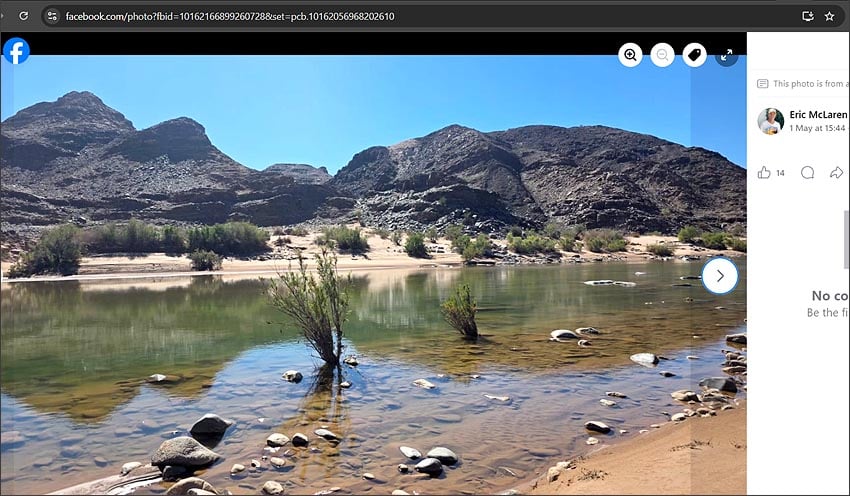 Fließt auch am Endpunkt des Fish River Canyon Trails in voller Breite Fischfluss laut Facebook-Post Eric McLaren aufgenommen Phil und Henriette Voigt nahe |Ai-|Ais 1 Mai 2026