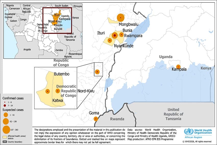 Karte Ebola-Fälle Osten der Demokratischen Republik Kongo DRK und in Uganda Stand 18 Mai 2026 Quelle WHO