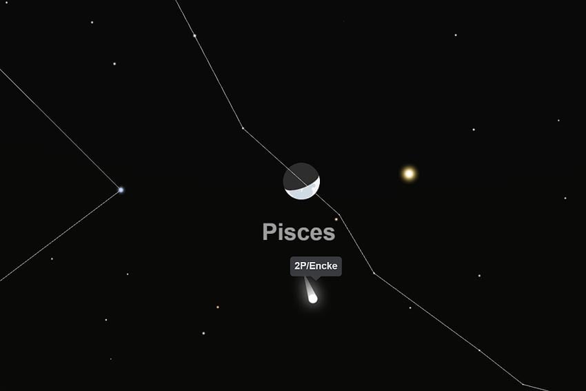 Flüchtige Begegnung Mond Saturn Komet 2P/Encke lässt sich sehr gut beobachten mit Teleskop Morgenhimmel 10. Juni 2026 6.00 Uhr von Windhoek aus gesehen mit Blick nach Nordost Grafik Screenshot Interaktiver Sternenkarte TimeAndDate.com