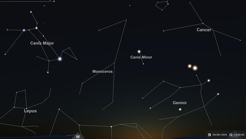 Göttliches Rendezvous Jupiter Venus über Sternbild Zwillinge Gemini Merkur Zwillings-Sterne Pollux Castor Sirius Großer Hund Canus Major Prokyon Kleiner Hund Canus Minor Abendhimmel 9. Juni 2026 19.00 Uhr Windhoek Blick West-Nordwest Grafik Screenshot Interaktiver Sternenkarte TimeAndDate.com