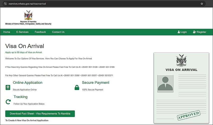 Hakt seit Software-Update Ende Mai Website zur Beantragung des namibischen Visa on Arrival VoA Foto Screenshot Webseite Einreisebehörde Namibias
