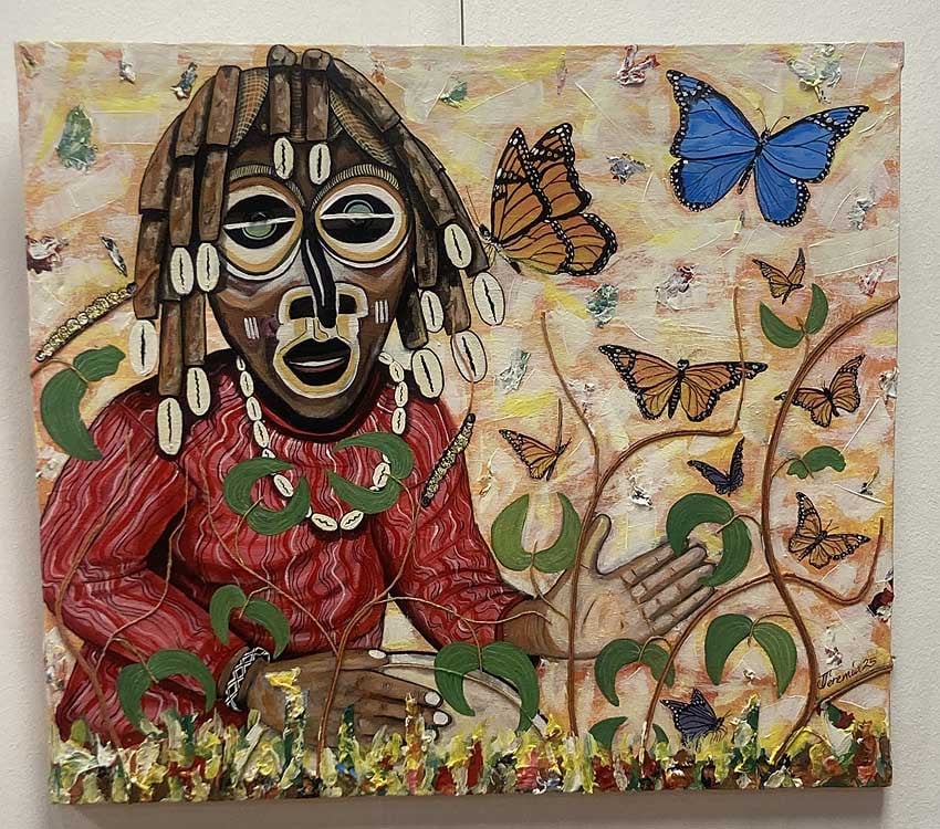 Verbindung Namibias Natur Kultur Identität Eines der Werke in Ausstellung 'Wildlife Is My Asset – Culture Is My Roots' des namibischen Künstlers Jeremiah Haihambo Ort Omba Galerie im Namibia Craft Centre in Windhoek Foto Post auf Facebook-Seite Namibia Craft Centre