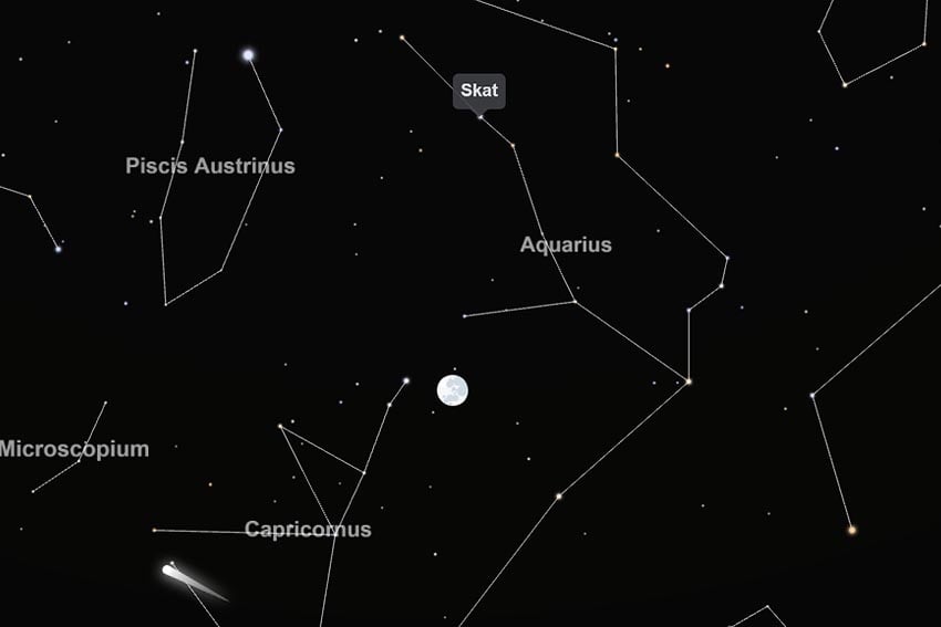 Zentrum Südlichen Delta-Aquariden Stern-System Delta Aquarii Skat Sternbild Wassermann Aquarius Mit Fernglas sollte man auch Komet 10P/Tempel 2 im Sternbild Steinbock Capricorn sehen Morgenhimmel 31. Juli 2026 5.00 Uhr Windhoek Blick Westen Grafik Screenshot Interaktiver Sternenkarte TimeAndDate.com
