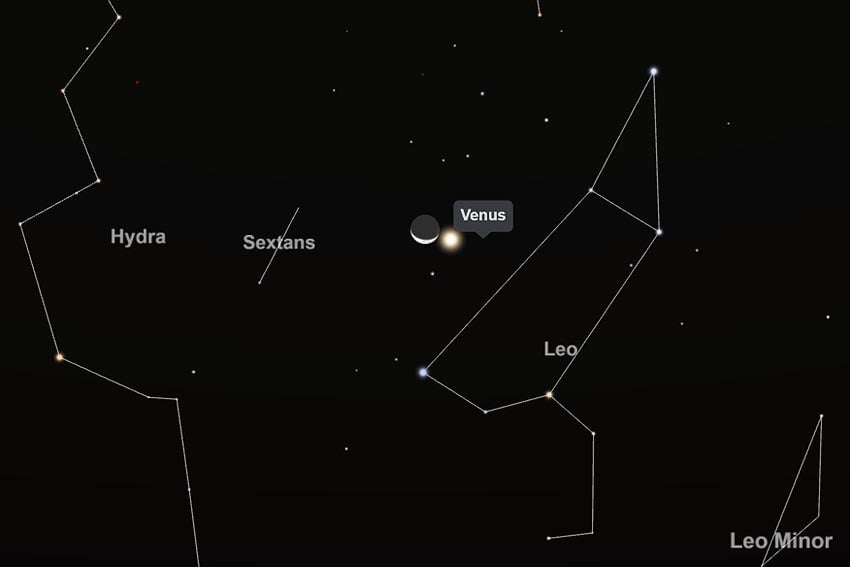 Mond trifft Venus beim Sternbild Löwe Abendhimmel 17. Juli 2026 20.00 Uhr Windhoek Blick nach West-Nordwest Grafik Screenshot Interaktiver Sternenkarte TimeAndDate.com
