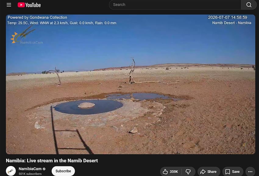Kontrast-Programm zu Stress und Enge des Alltags in der Stadt 'Live Stream in the Namib Desert' auf YouTube-Kanal 'NamibiaCam' der Gondwana Collection Namibia Foto Screenshot des Live Streams