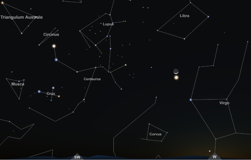 Mond umarmt Venus am 14 September 2026 Abendhimmel 19.30 Uhr von Windhoek aus gesehen mit Blick nach West-Süd-West Grafik Screenshot von interaktiver Sternenkarte auf TimeAndDate.com