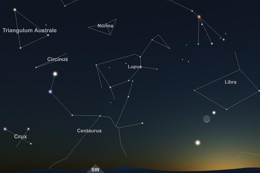 Double Date zunehmend Mond Merkur Venus Kreuz des Südens Crux Sternbild Zentaur Centaurus hellen Endstern Alpha Centauri Mond Merkur Scheren Skorpion rötlichen Stern Antares Abendhimmel 12. Oktober 2026 19.30 Uhr Windhoek Blick Westsüdwest Grafik Screenshot interaktiver Sternenkarte TimeAndDate.com