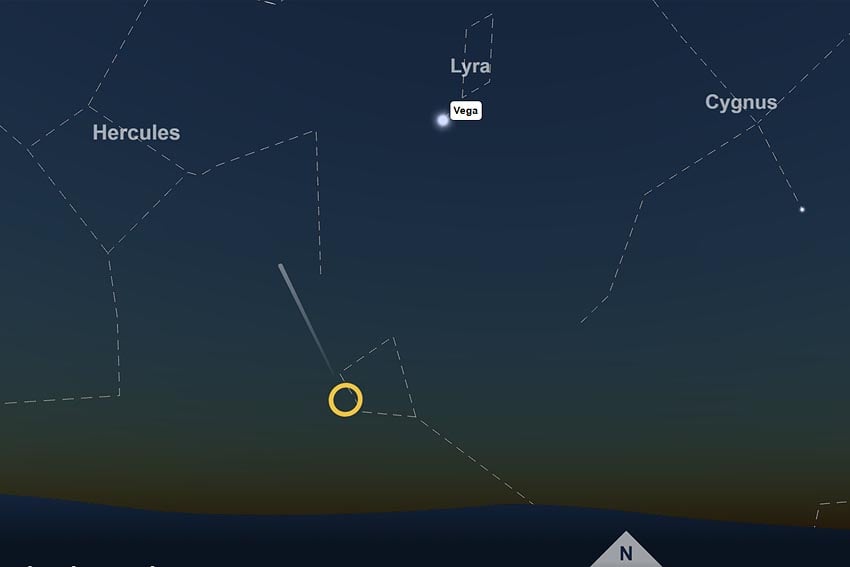 radiant centre point of Draconids meteor shower is located in the constellation Draco dragon below Vega evening sky on 8 October 2026 at 7:15 PM viewed from Windhoek looking north-northwest Graphic Screenshot of star map on TimeAndDate.com