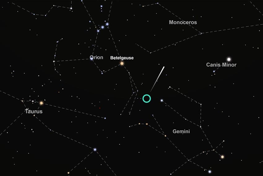 Radiant Zentrum Meteor Schauer Orioniden Sternbildern Orion Zwillinge Gemini Stier Taurus mit rötlichen Auge Aldebaran Kleine Hund Canis Minor Hauptstern Prokyon Morgenhimmel 22. Oktober 2026 5.00 Uhr von Windhoek aus Blick nach Norden Grafik Screenshot interaktive Sternenkarte TimeAndDate.com