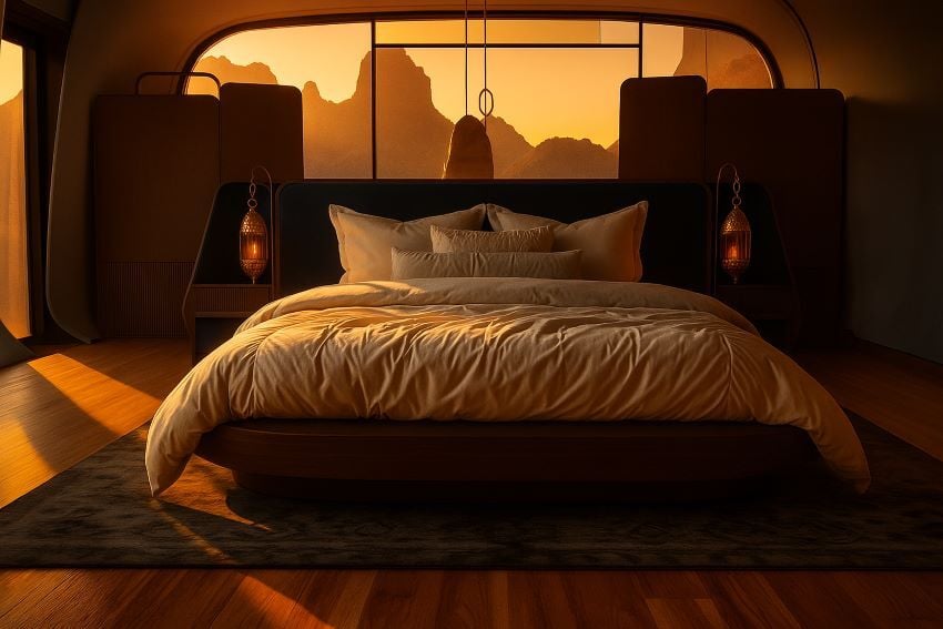 Imagined bedroom in one of the units from the Luna Collection.