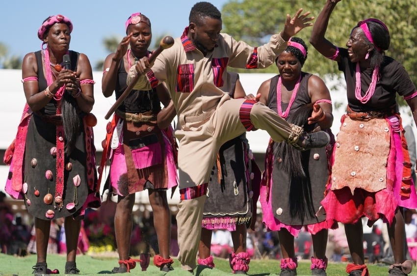 Owambo cultural group performance at omagongo festival, Namibia