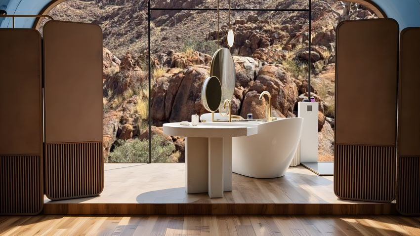 Imagined shower and bath area in one of the units from the Luna Collection.