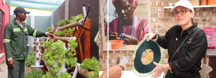 Community engagement activities showing a sustainable vegetable garden and a Gondwana Care Trust representative displaying a handcrafted woven basket.