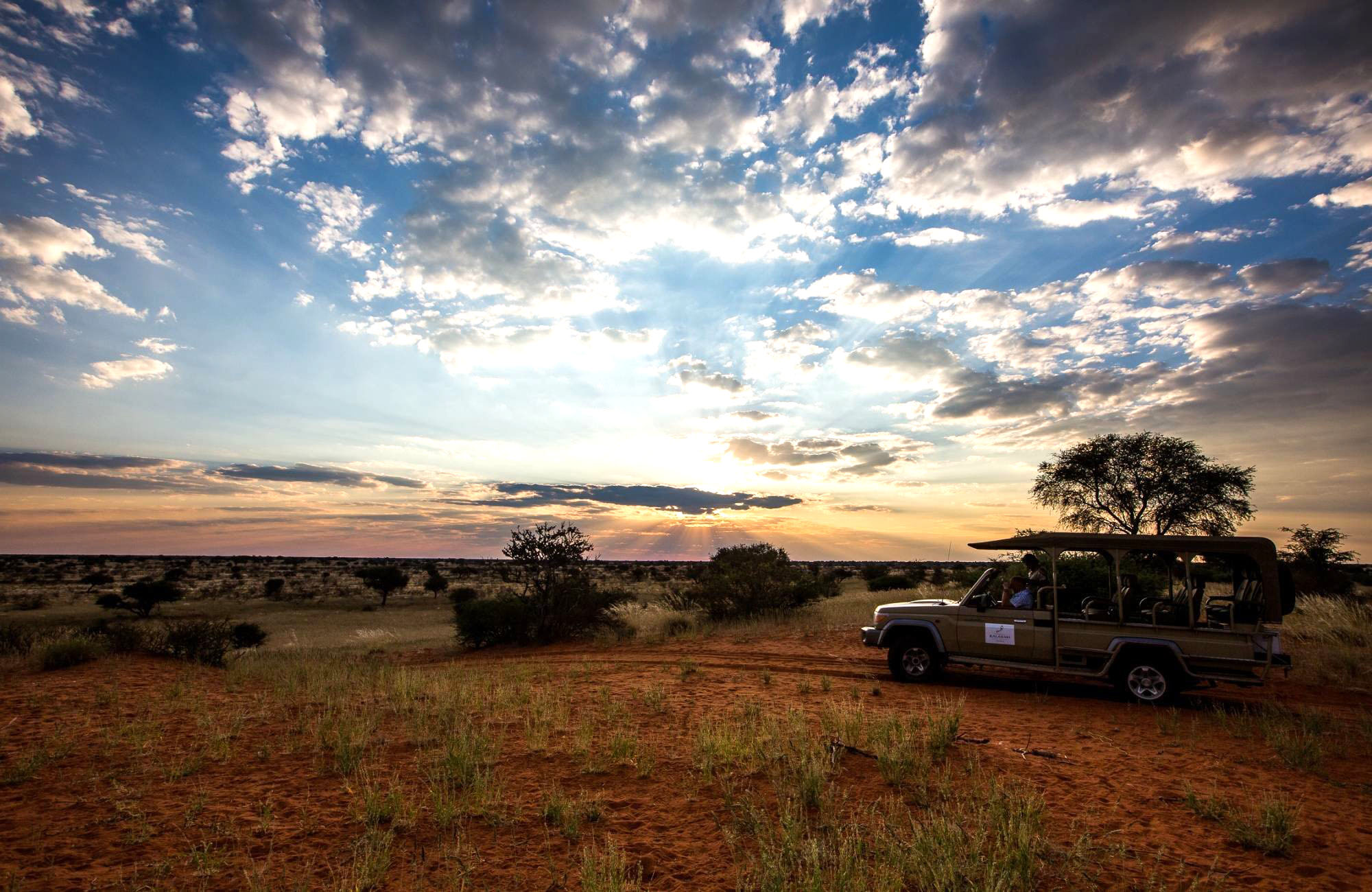 Game Drive vehicle, Kalahari, sunset, Namibia