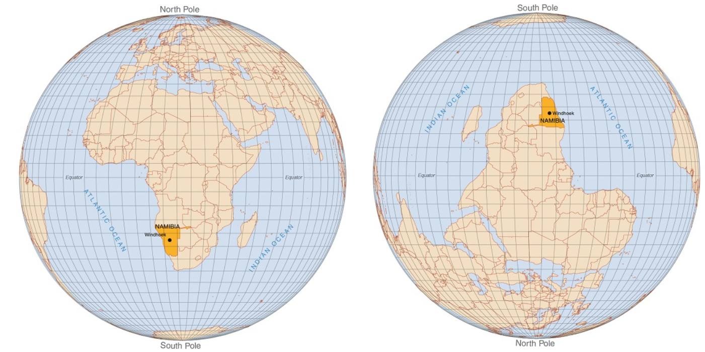 Orientation of Namibia ands its shape on the world map