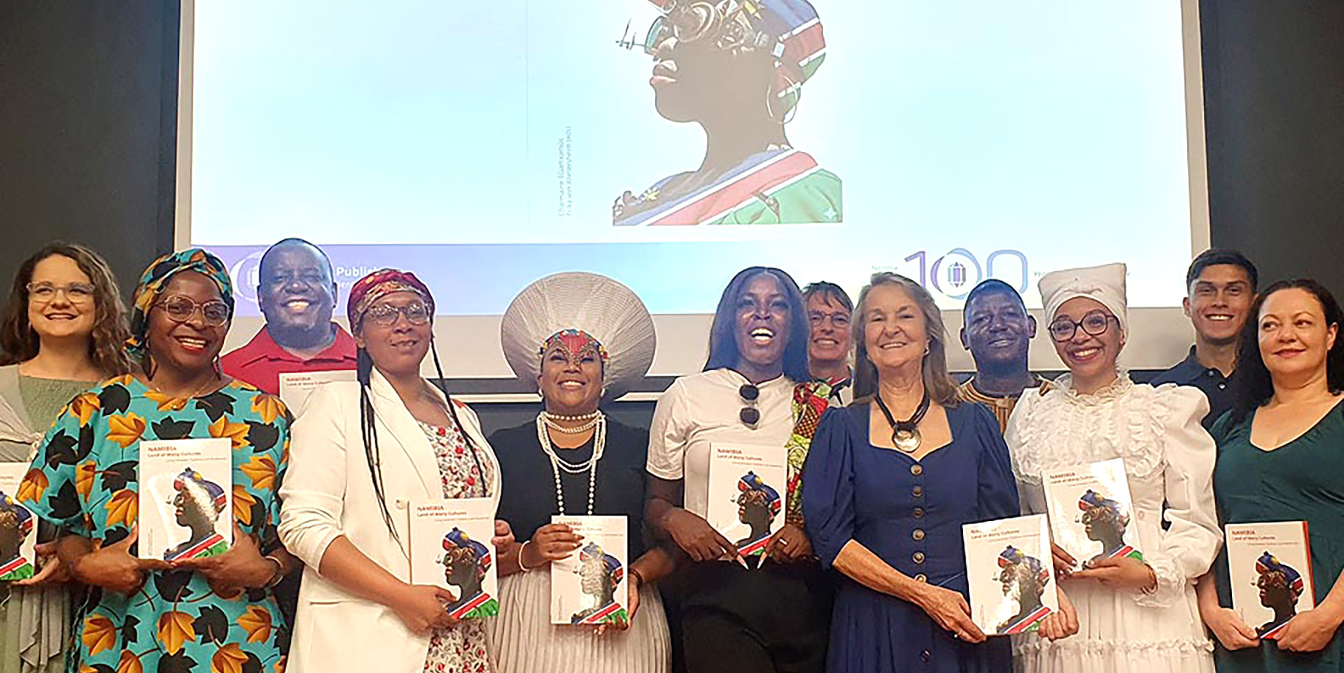 Editors Charmaine ǁGamxamûs (3rd from right) and Erika von Wietersheim authors book launch Namibia Land of Many Cultures Namibia Scientific Society Photo Sven-Eric Stender