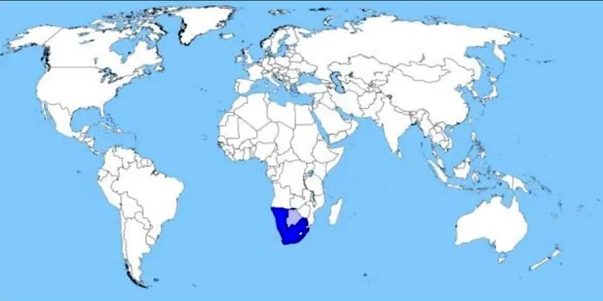 World map, southern African countries highlighted