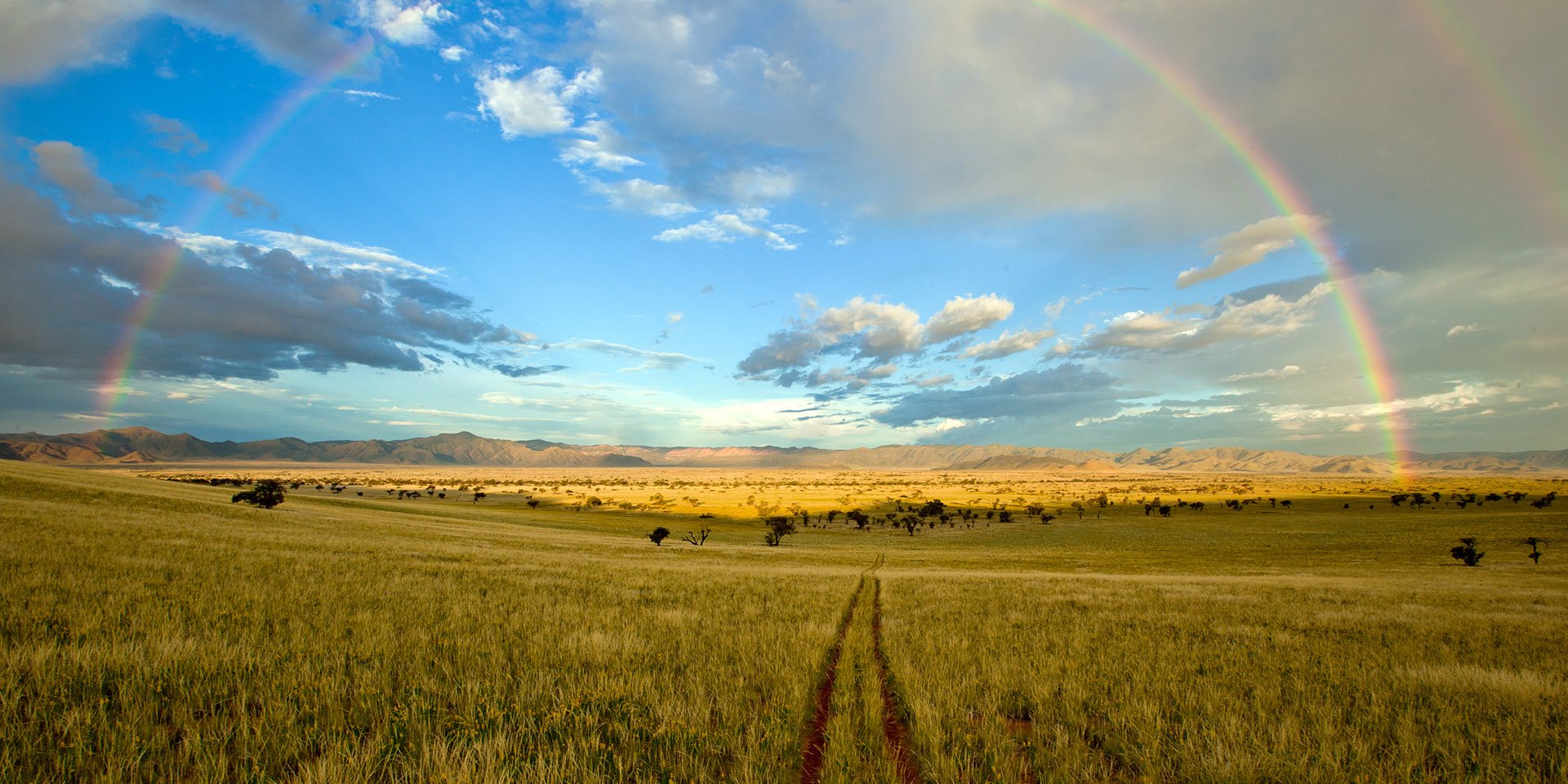 Rainbow over a green Namibian landscape