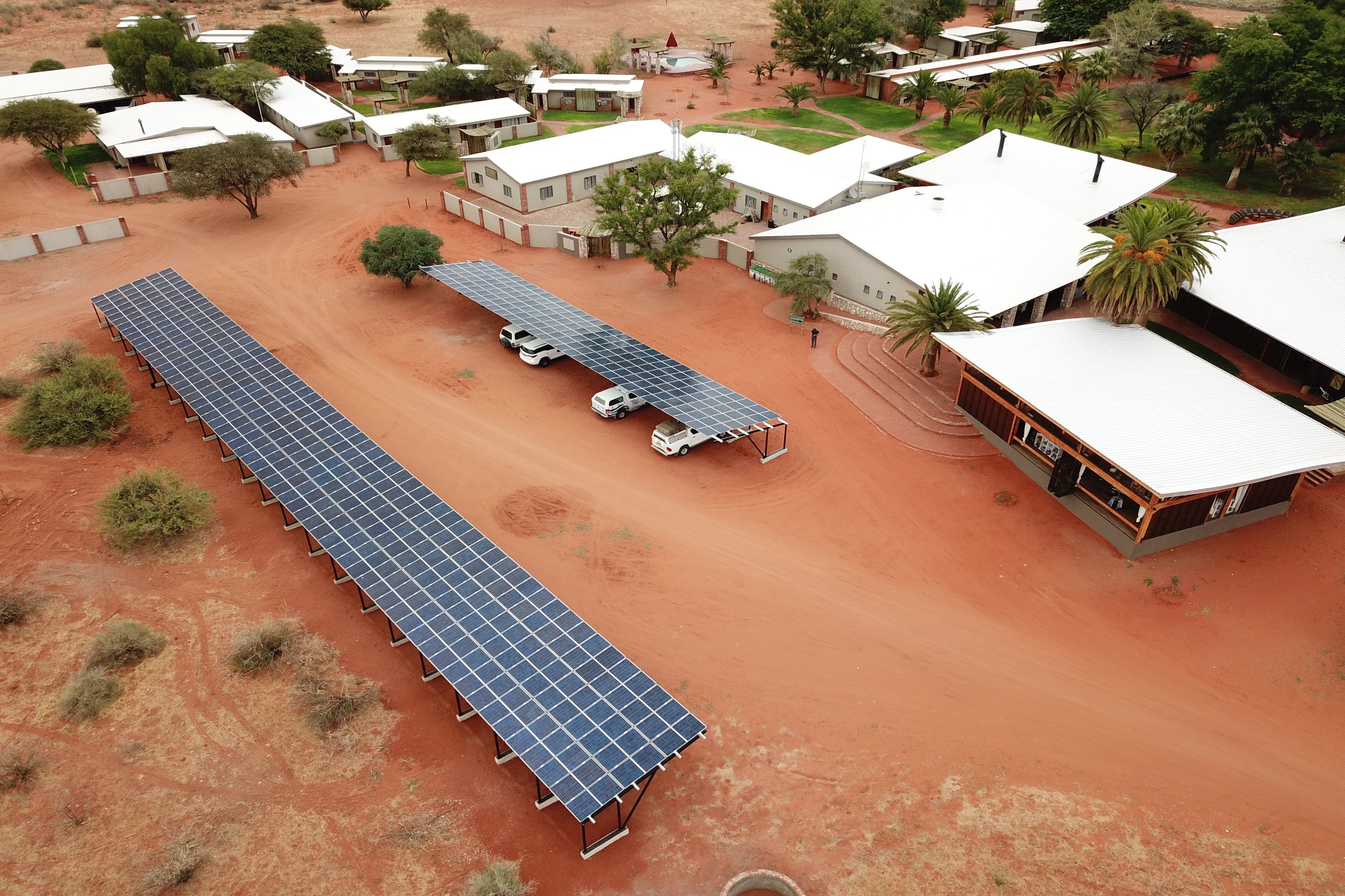 Solar panels, shaded parking, Kalahari Anib Lodge, Namibia