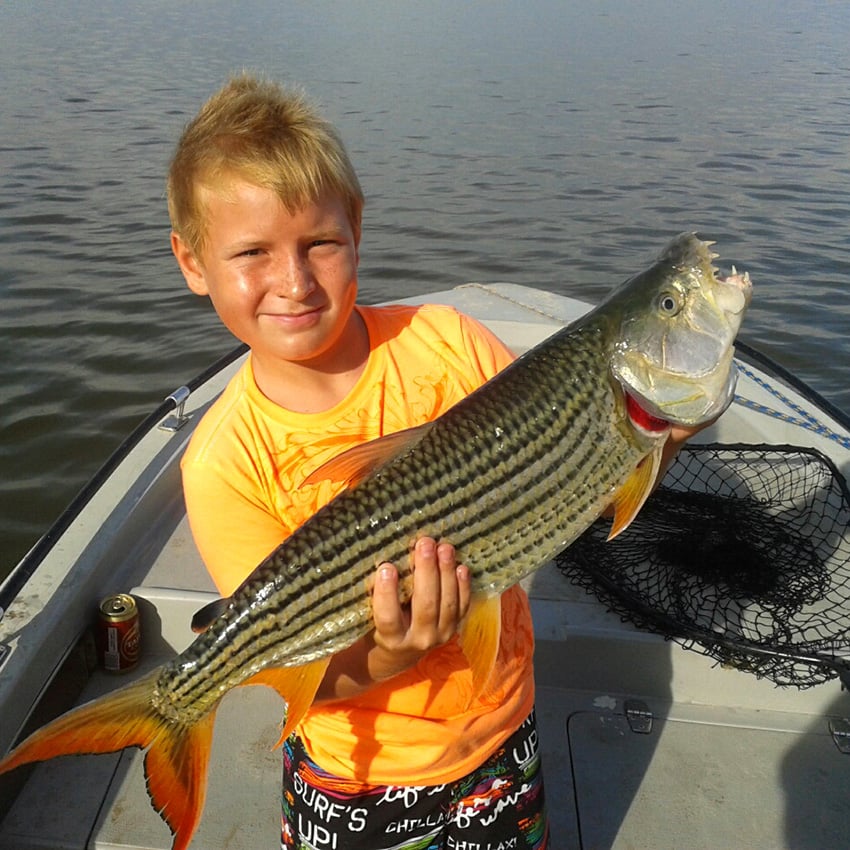 Nine-year-old boy holding a large tigerfish, Namibia