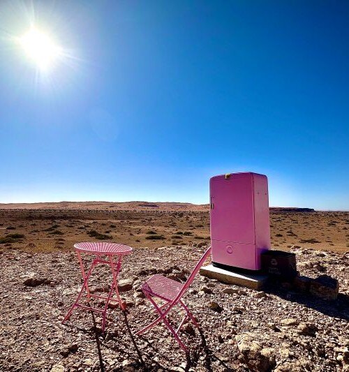 Pink fridge in the desert, Namibia