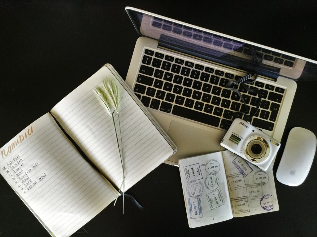 Laptop, Passport, Camera and Journal