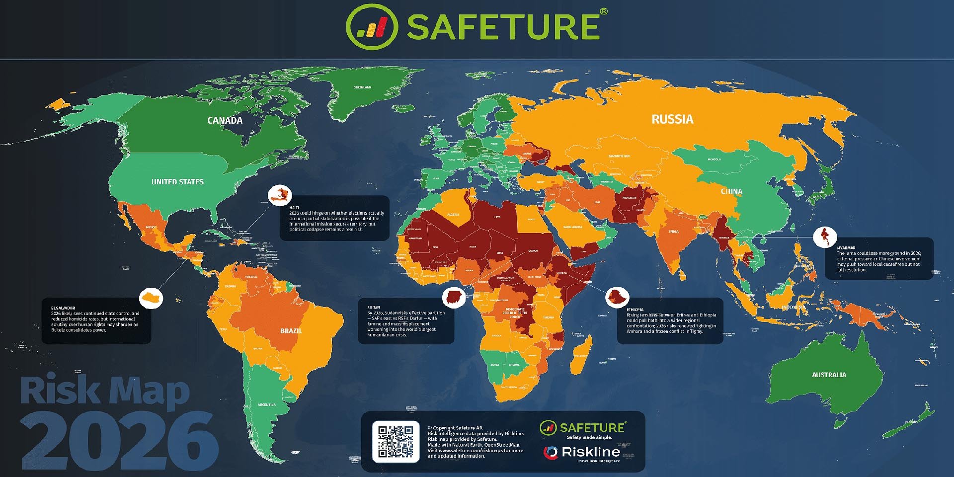 Namibia appears light green on 'Risk Map 2026' companies Safeture and Riskline color represents 'low risk' Graphic Safeture & Riskline