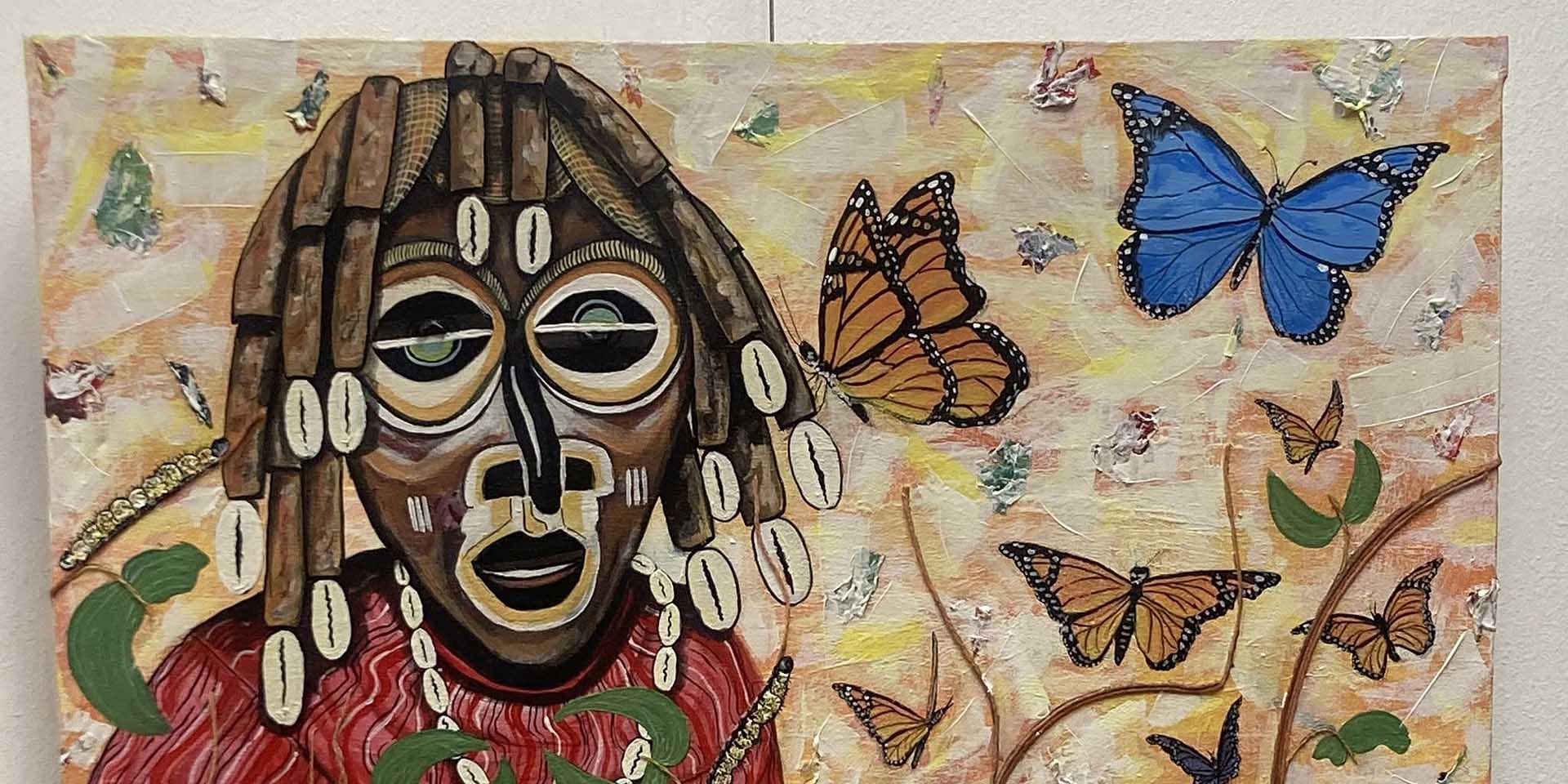 Verbindung Namibias Natur Kultur Identität Eines der Werke in Ausstellung 'Wildlife Is My Asset – Culture Is My Roots' des namibischen Künstlers Jeremiah Haihambo Ort Omba Galerie im Namibia Craft Centre in Windhoek Foto Post auf Facebook-Seite Namibia Craft Centre