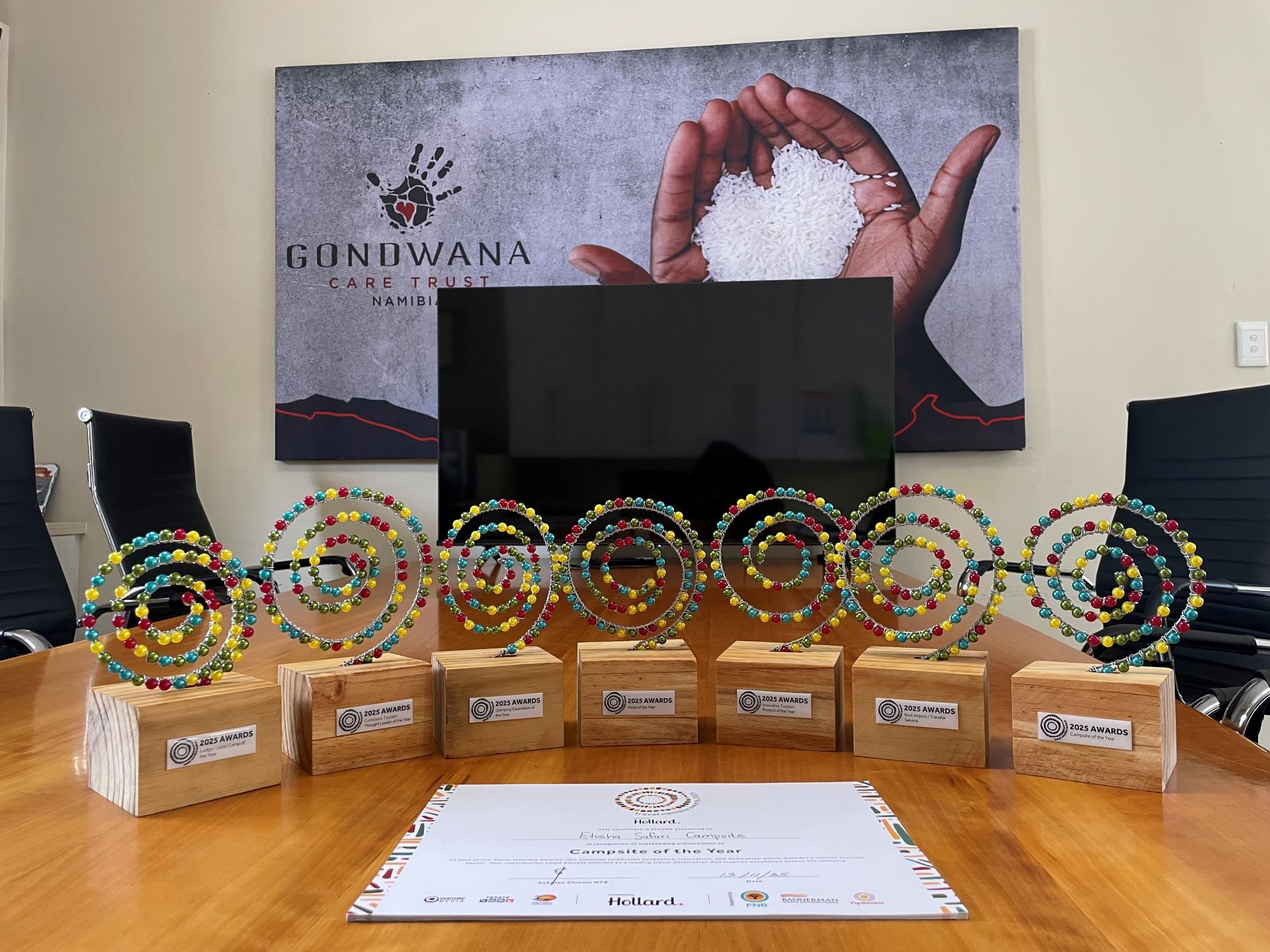 The seven trophies Gondwana Collection Namibia received from the Travel Namibia Awards